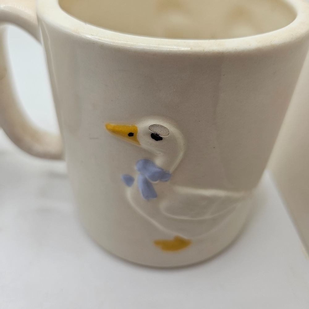 Vintage Ceramic Goose Mugs Set of 2 Raised Geese Blue Bows Cottagecore - Picture 3 of 10
